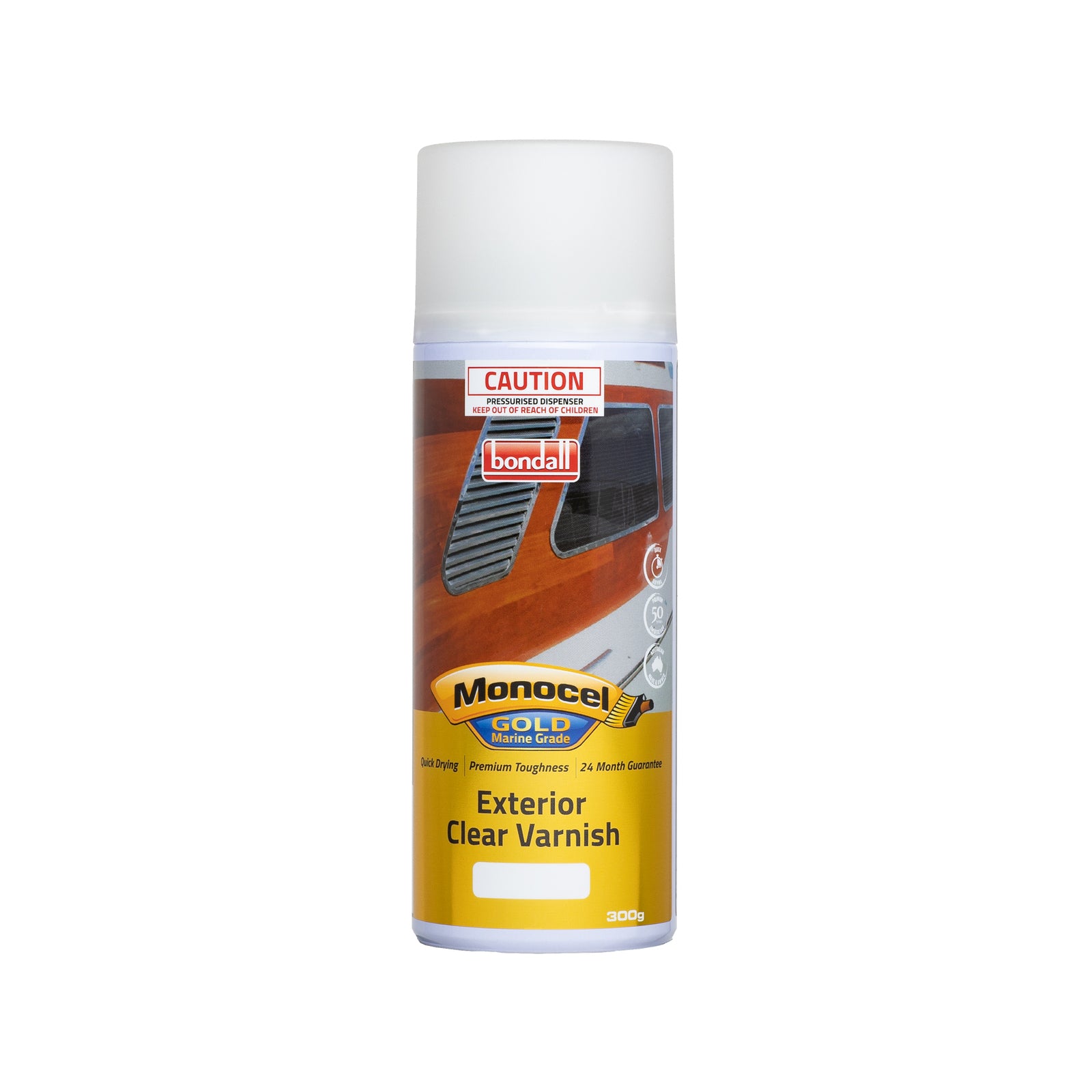 Bondall Monocel Gold 300g Gloss Marine Grade Timber Varnish Aerosol, Polyurethane, UV Resistant Clear Finish