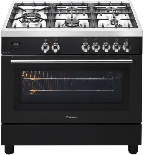 Artusi 90cm Dual Fuel Freestanding Oven - 106L Electric Oven, 5 Gas Burners with Wok, Matte Black - AFG915B