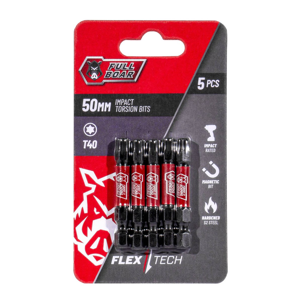 Full Boar T40 x 50mm S2 Steel Magnetic Impact Torsion Bits 5 Pack