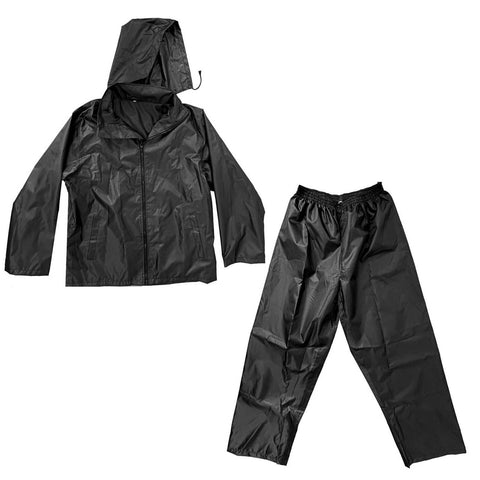 Craftright L Black Rain Jacket & Pants Set - 5000mm Waterproof Polyester/PU, Foldaway Hood