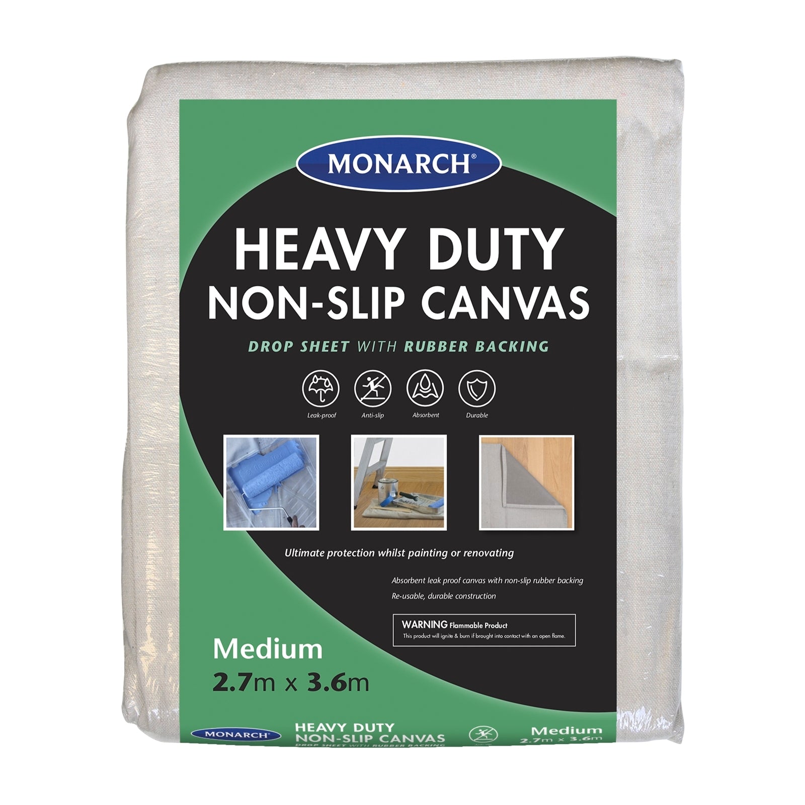 Monarch 2.7 x 3.6m Heavy Duty Non-Slip Canvas Drop Sheet, Rubber Backed