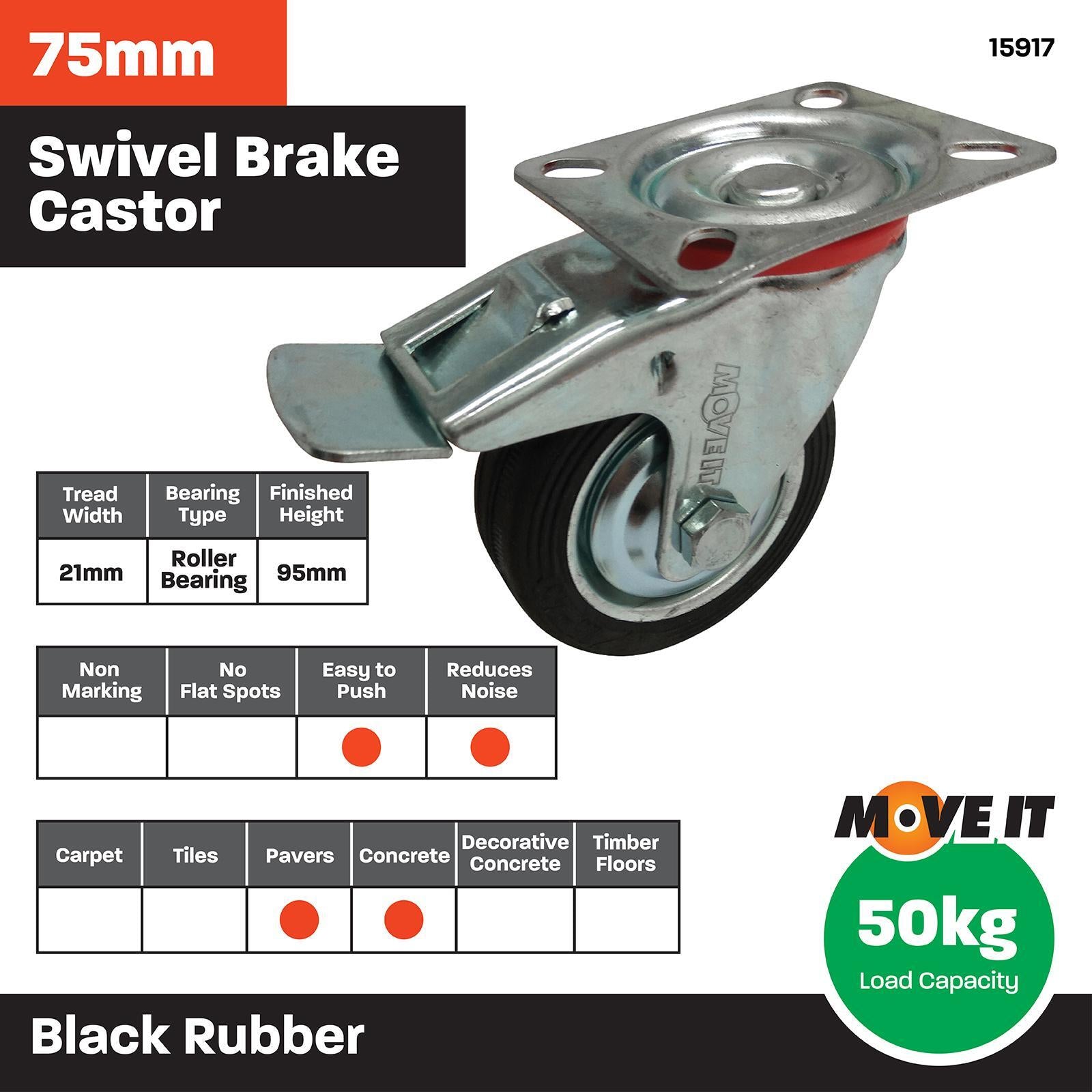 Move It 75mm Black Rubber Swivel Plate Castor with Brake, Indoor, 50kg