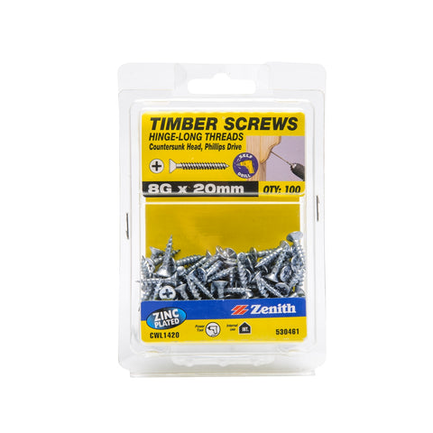 Zenith 8G x 20mm Zinc Plated Countersunk Timber Screws - 100 Pack