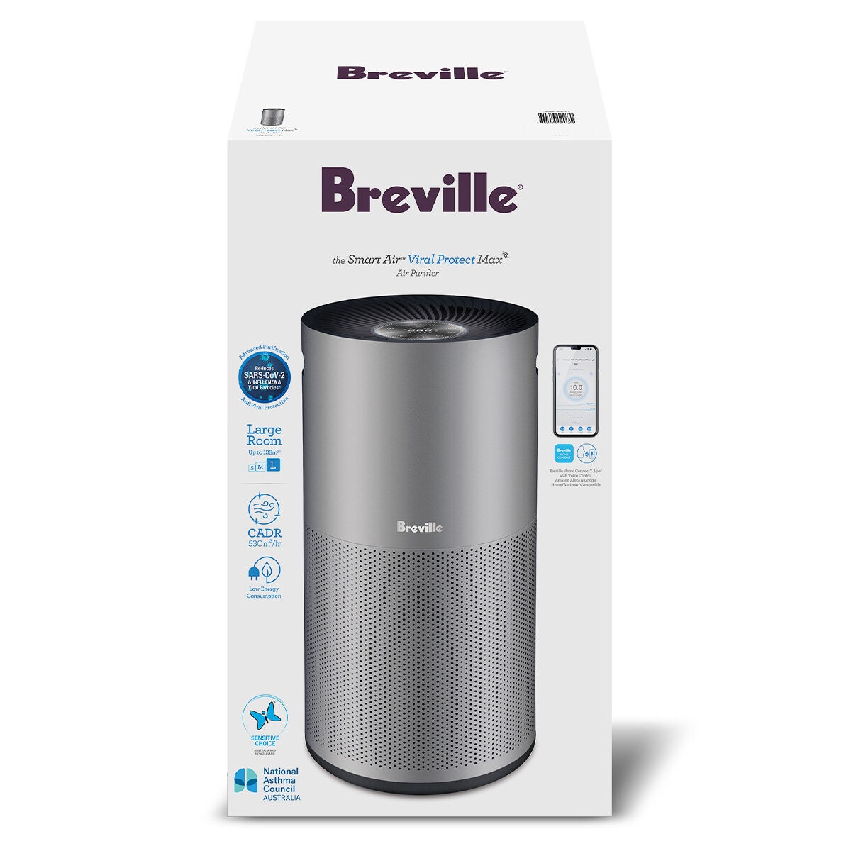 Breville Smart Air Viral Protect Max Air Purifier - Rooms to 138m², CADR 530m³/h, WiFi, Titanium - LAP608TTM
