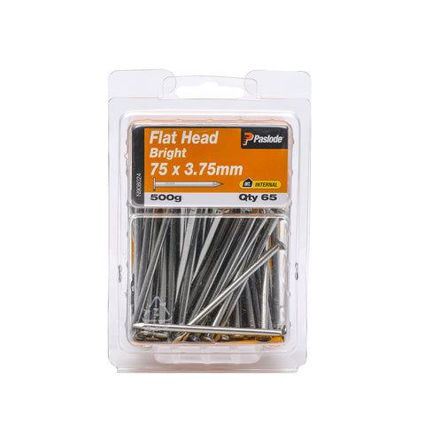 Paslode 75 x 3.75mm 500g Bright Steel Flat Head Nails - 65 Pack