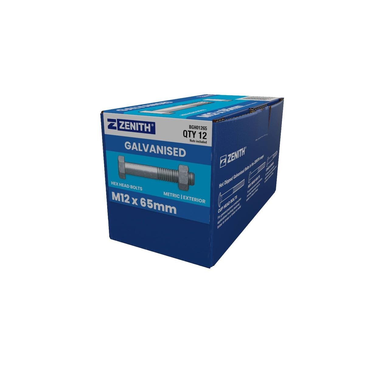 Zenith Hex Head Bolt - M12 x 65mm - Hot Dipped Galvanised - 12 Pack - SuperSaverAU - view 1