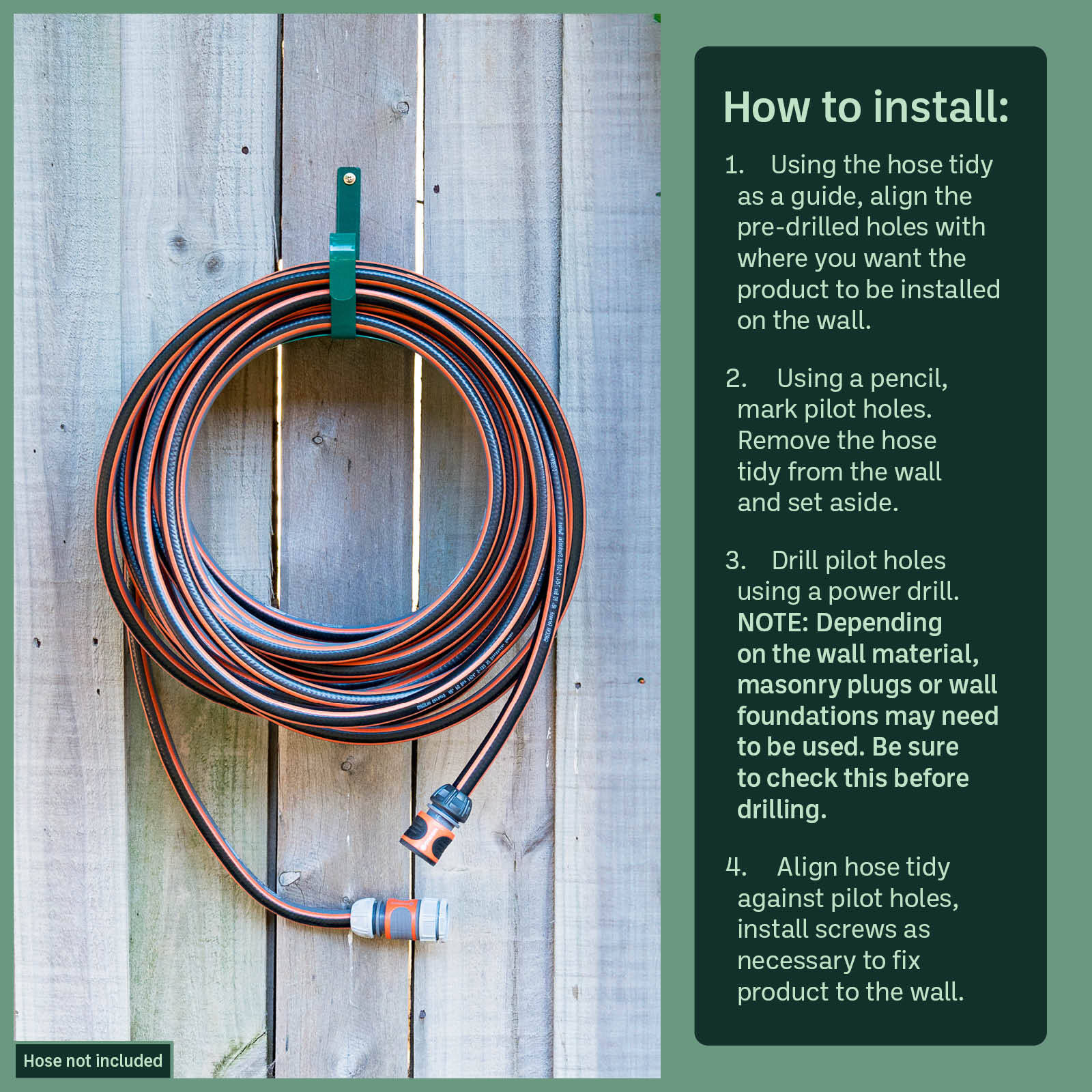 Garden Zen Green Steel Hose Tidy Wall Mount, 50m 12mm Hose Capacity Outdoor