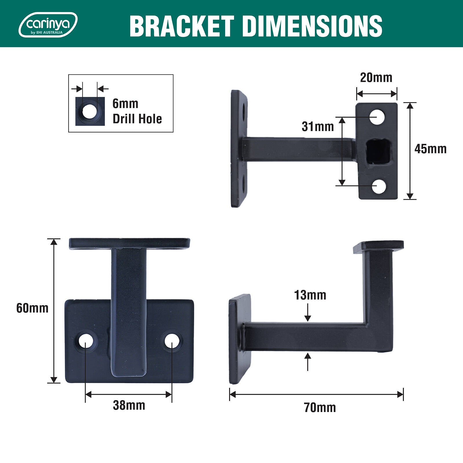 Carinya Black Steel Flat Top Square Handrail Bracket 4 Pack