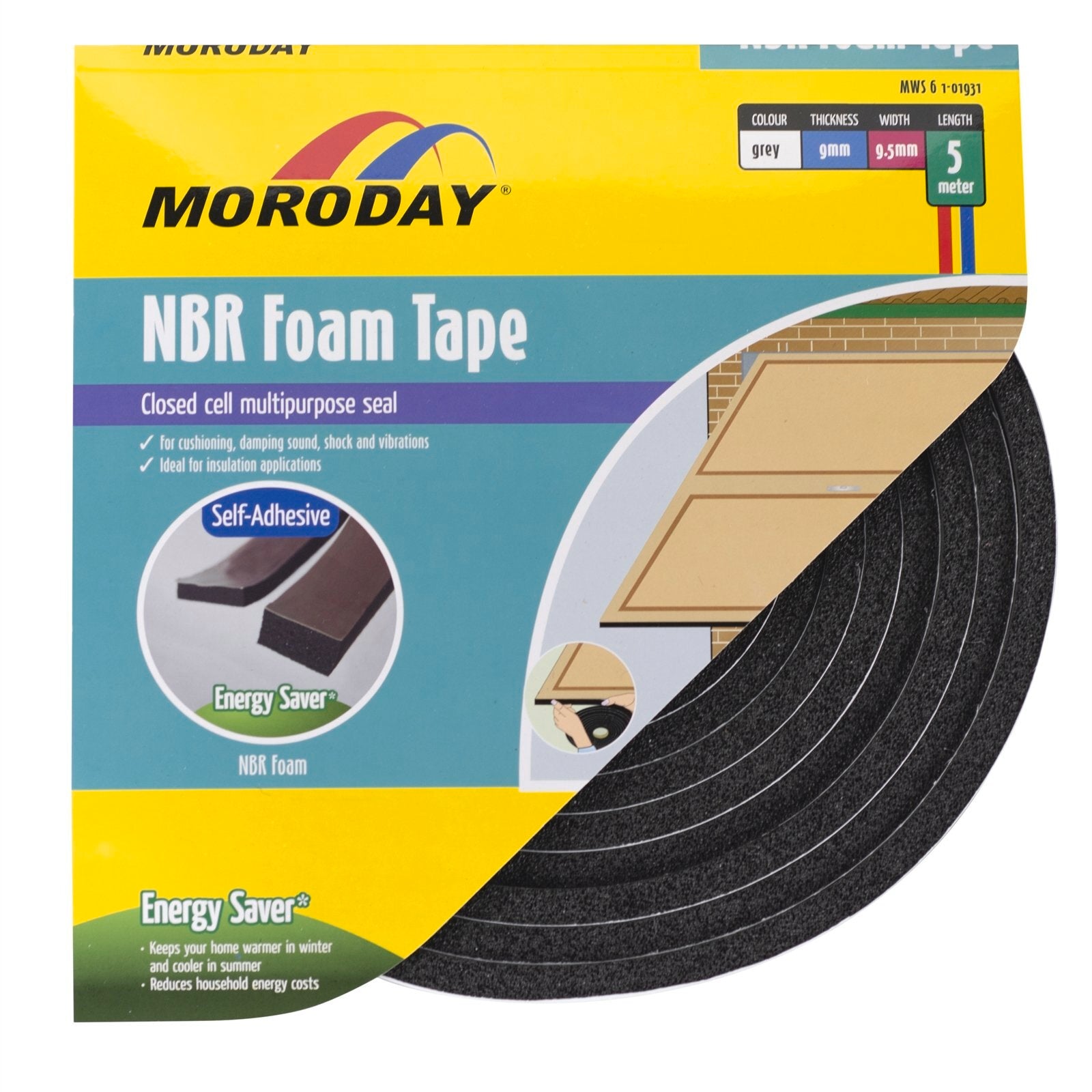 Moroday 9 x 9.5mm x 5m Grey NBR Self Adhesive Foam Tape