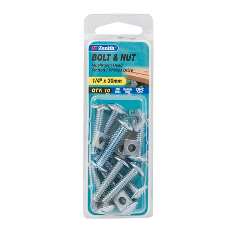 Zenith 1/4" x 30mm Zinc Plated Mushroom Head Bolt and Nut - 10 Pack