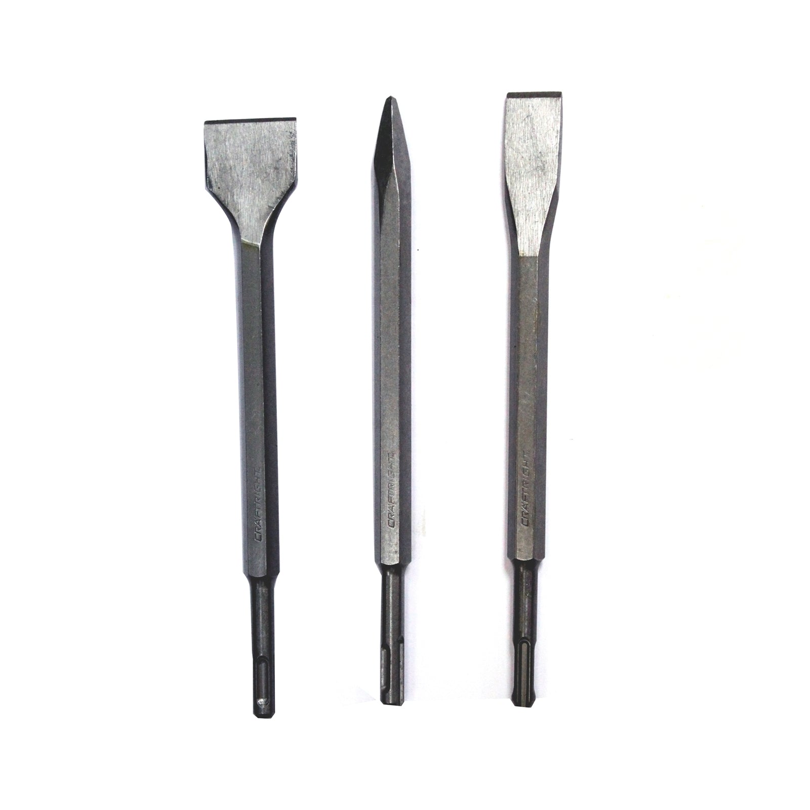 Craftright 3 Piece SDS Chisel Bit Set, Chrome Vanadium Steel, Pointed and Flat Chisels