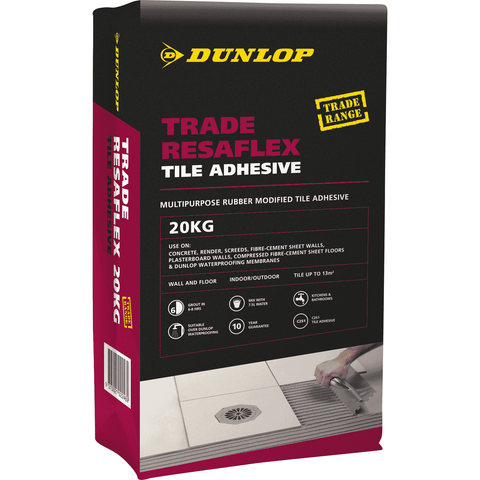 Dunlop Trade 20kg Resaflex Rubber Modified Tile Adhesive - Weather & UV Resistant, Indoor/Outdoor