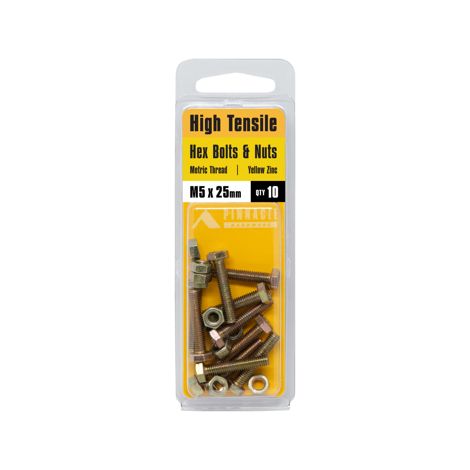 Pinnacle M5 x 25mm Hi-Tensile Hex Bolt and Nut - Yellow Zinc, 10 Pack