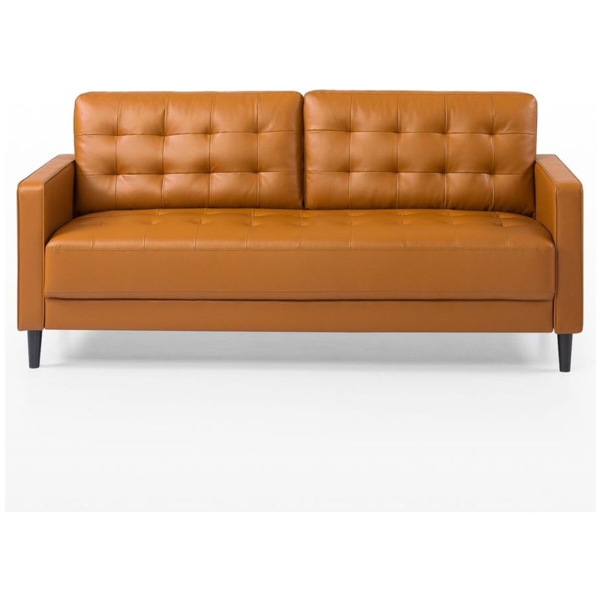 Zinus Benton 3 seater faux leather sofa - cognac, grid tufted, tapered wooden legs - AU-USSBTF-3CL