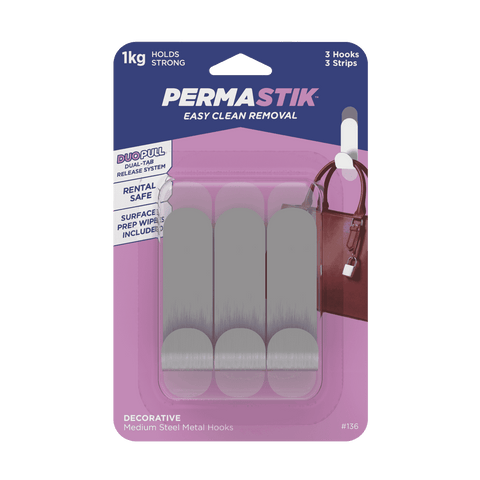 Permastik Medium Stainless Steel Adhesive Hooks 3 Pack Removable