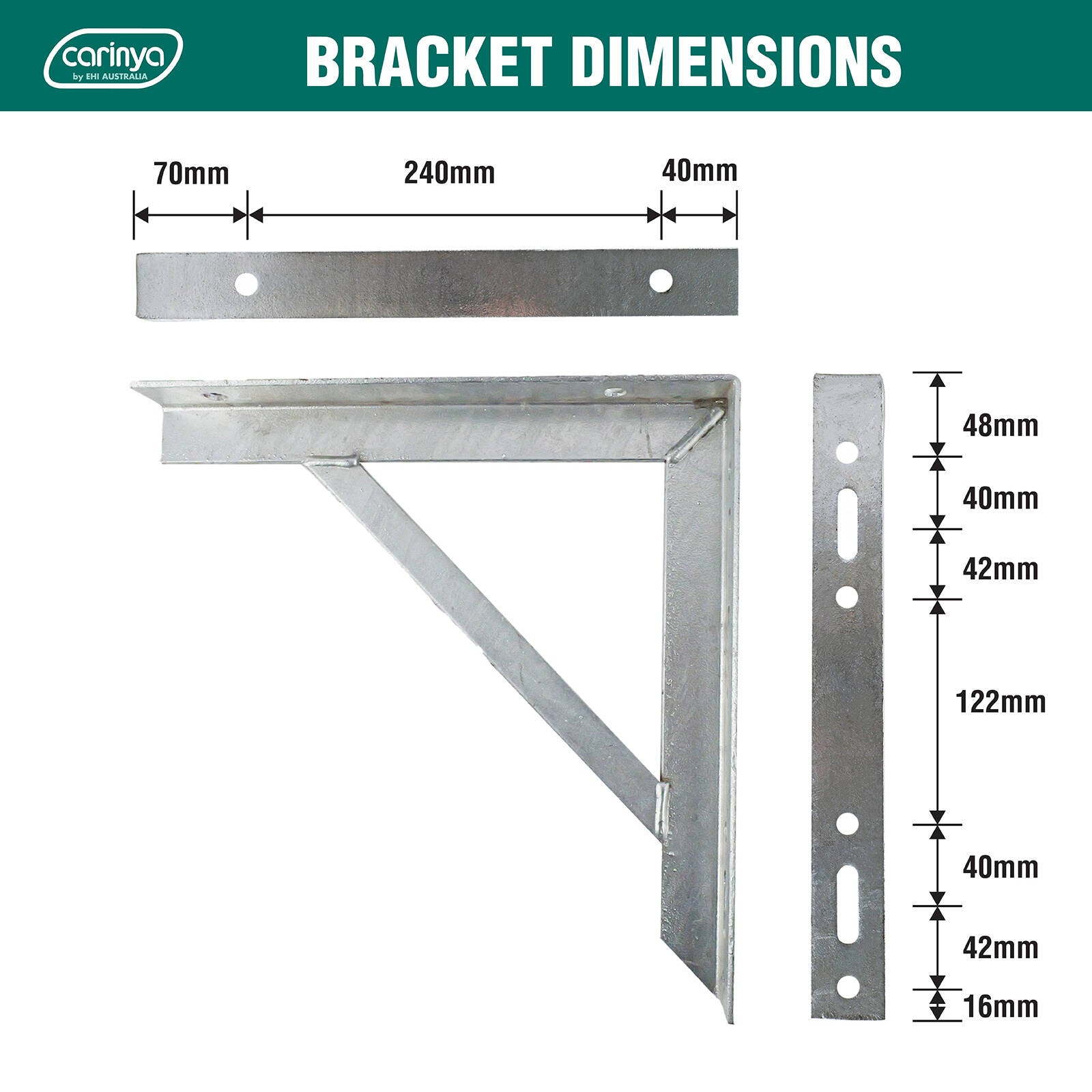 Carinya 350 x 350mm Galvanised Heavy Duty Brace Stay Bracket, 500kg Capacity, Indoor/Outdoor