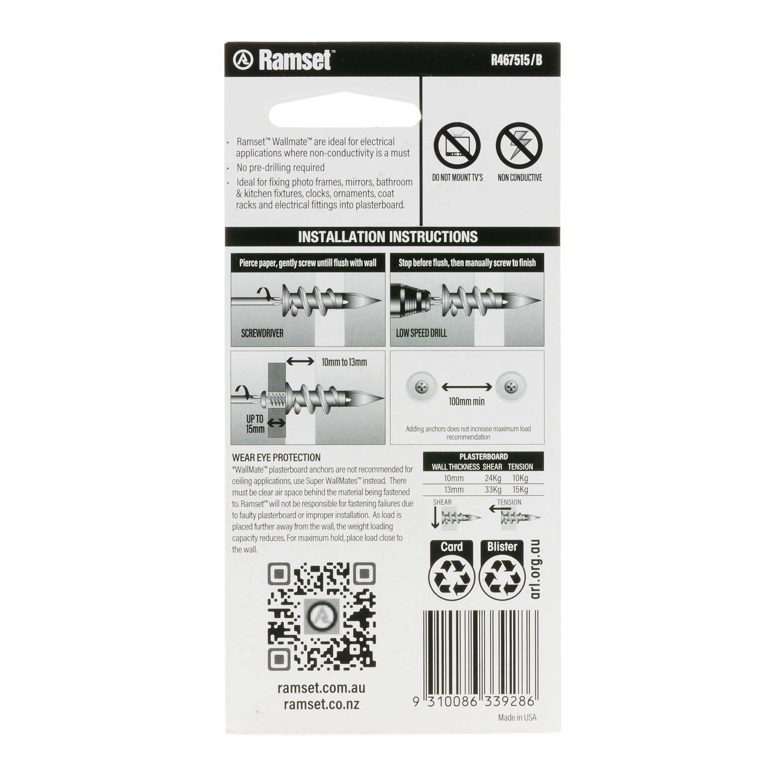 Ramset Nylon WallMate Plasterboard Anchor with Screws - 10 Pack, 24kg Hold