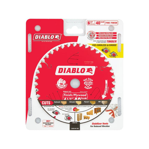 Diablo 165mm 40T Fine Finish Circular Saw Blade - 20mm Arbor for Ripping & Crosscutting