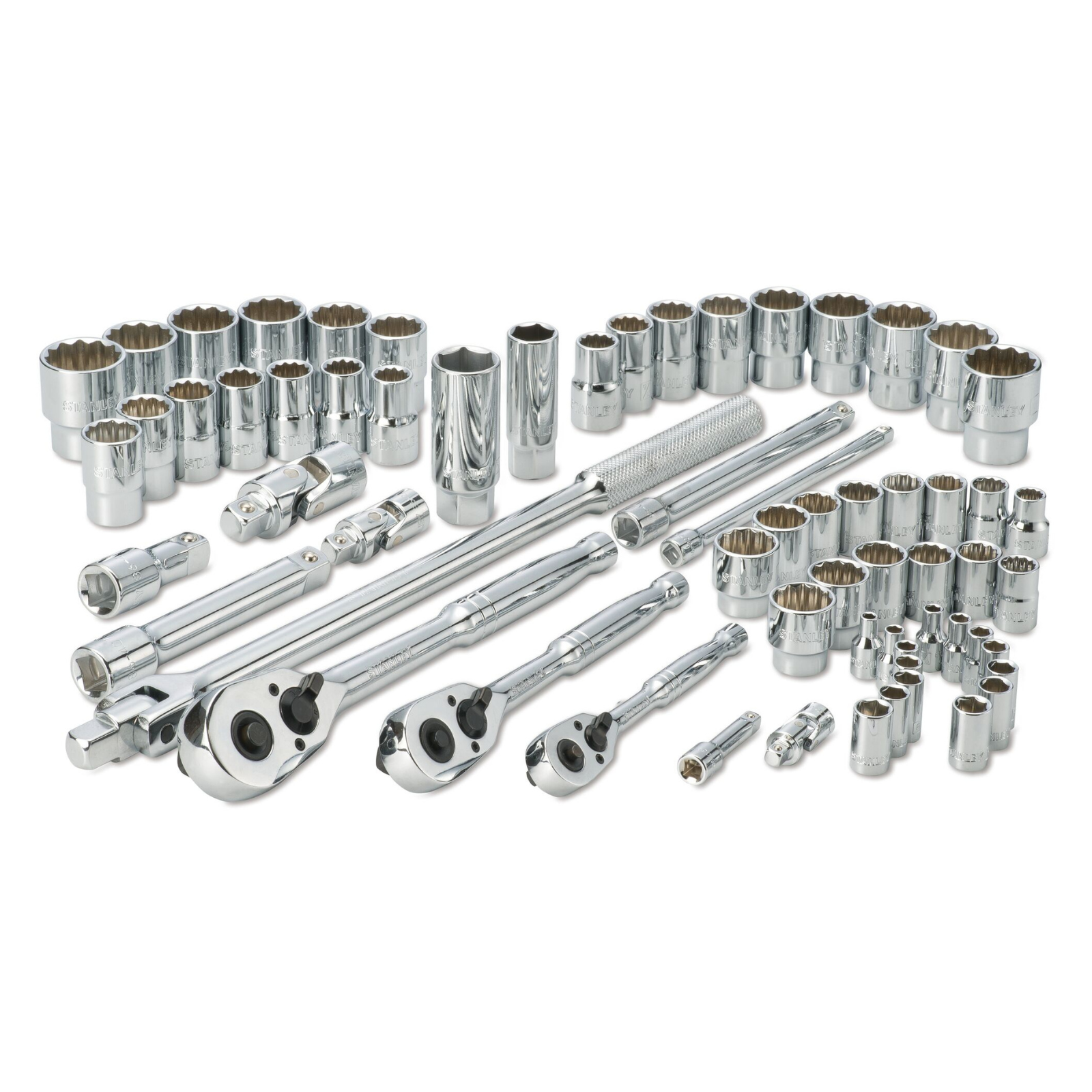 Stanley 64 Piece 1/4", 3/8" & 1/2" Drive Socket Set, Chrome Vanadium, 72-Tooth Ratchet, Case