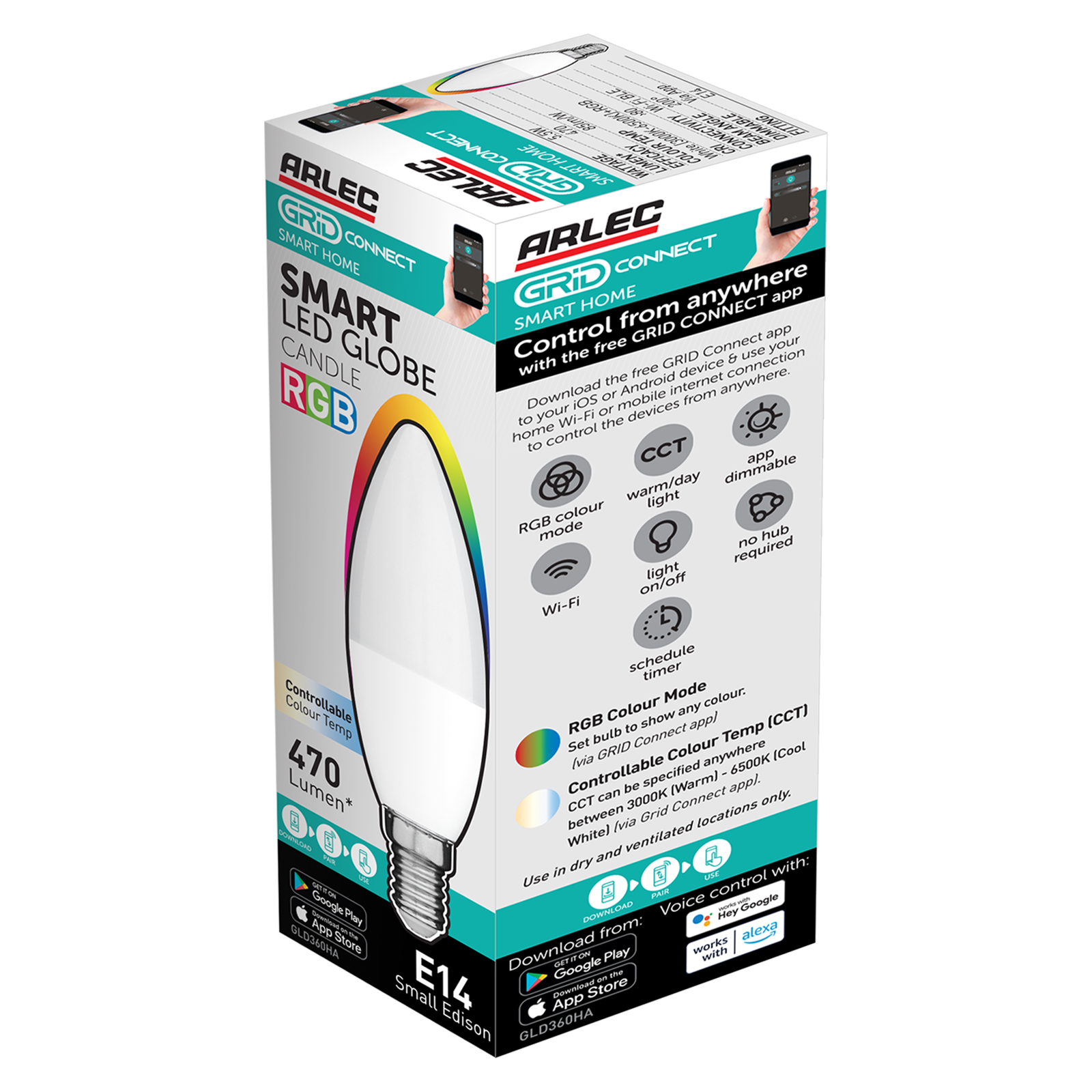 Arlec E14 LED 470lm 5.5W CCT Grid Connect Smart Candle Globe 4 Pack (GLD360HA)