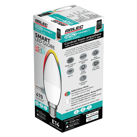 Arlec E14 LED 470lm 5.5W CCT Grid Connect Smart Candle Globe 4 Pack (GLD360HA)