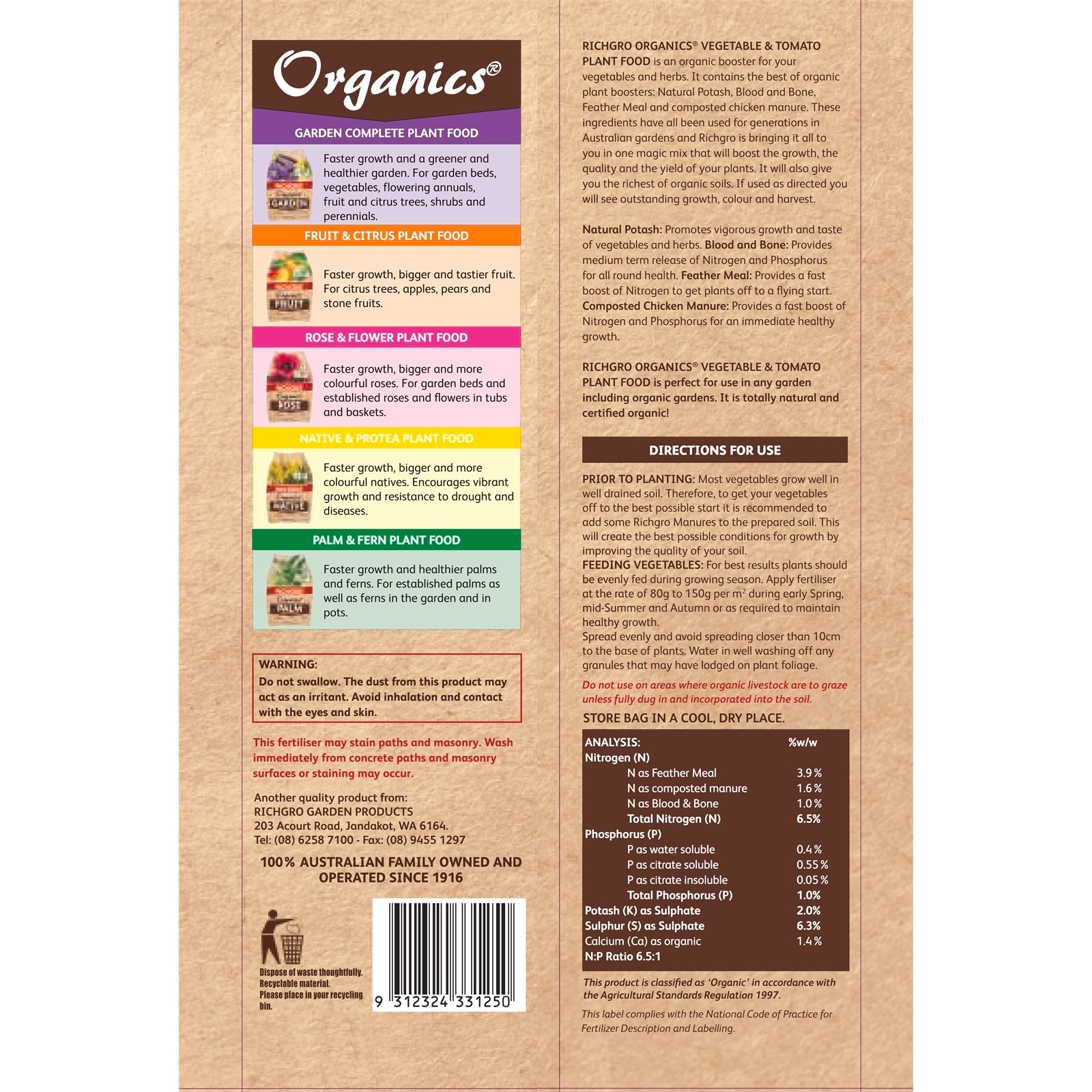 Richgro Organics Vegetable & Tomato Plant Food 5kg NPK 6-1-2 Natural Fertiliser