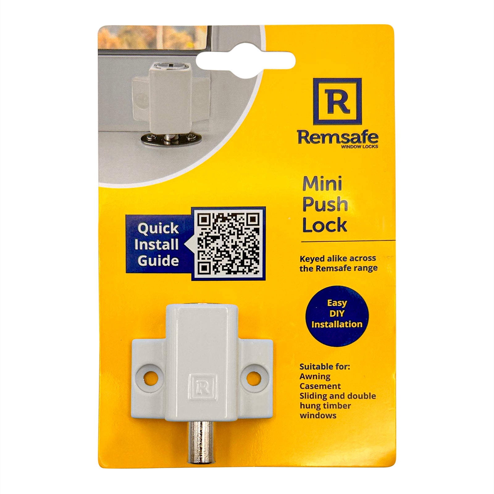 Remsafe White Window & Door Mini Push Lock - Lockable, White Powdercoat Steel