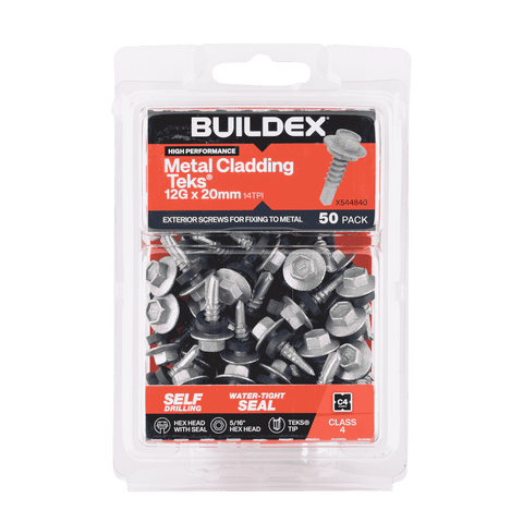 Buildex 12G x 20mm Class 4 Metal Cladding TEKS Screws with Seal, Hex Head - 50 Pack