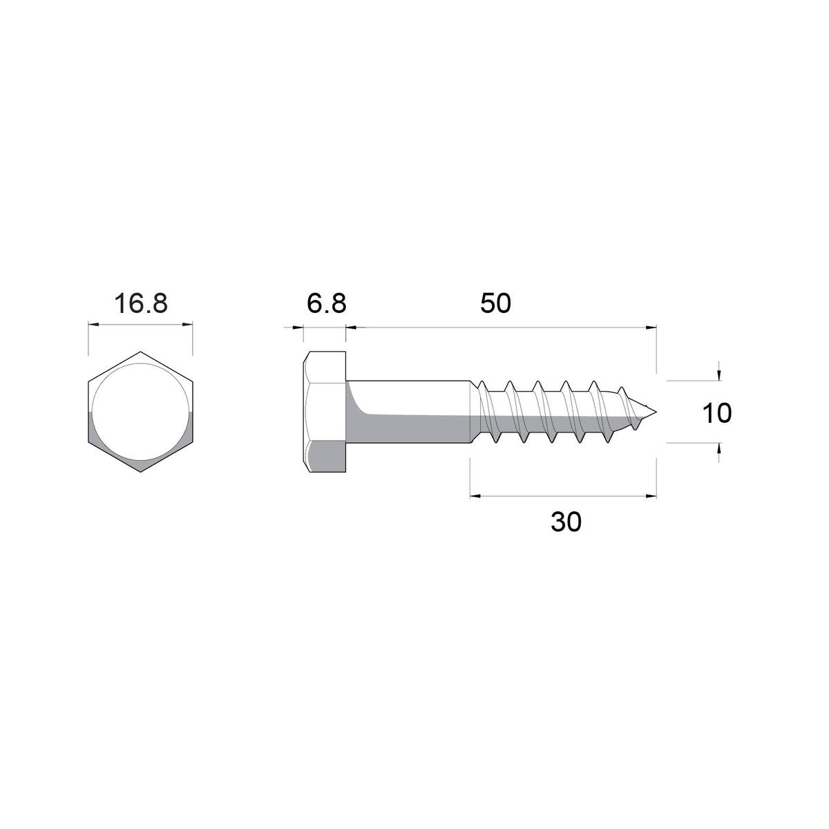 Zenith M10 x 50mm Stainless Steel 304 Hex Head Coach Screw Coarse Thread