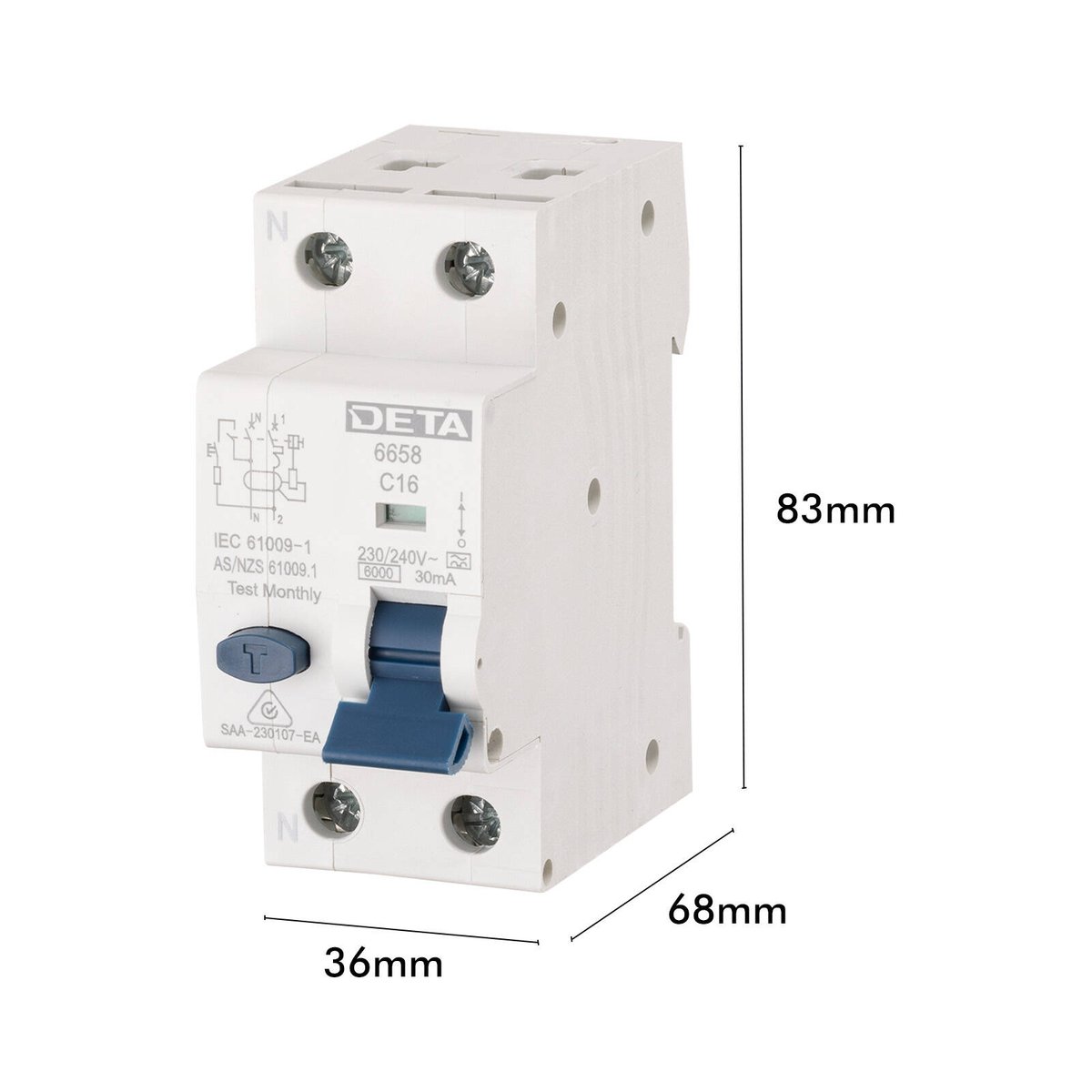 Deta 16A Single Phase RCBO - 240V - 6kA High Breaking Capacity - Safety Compliance - SuperSaverAU - view 3