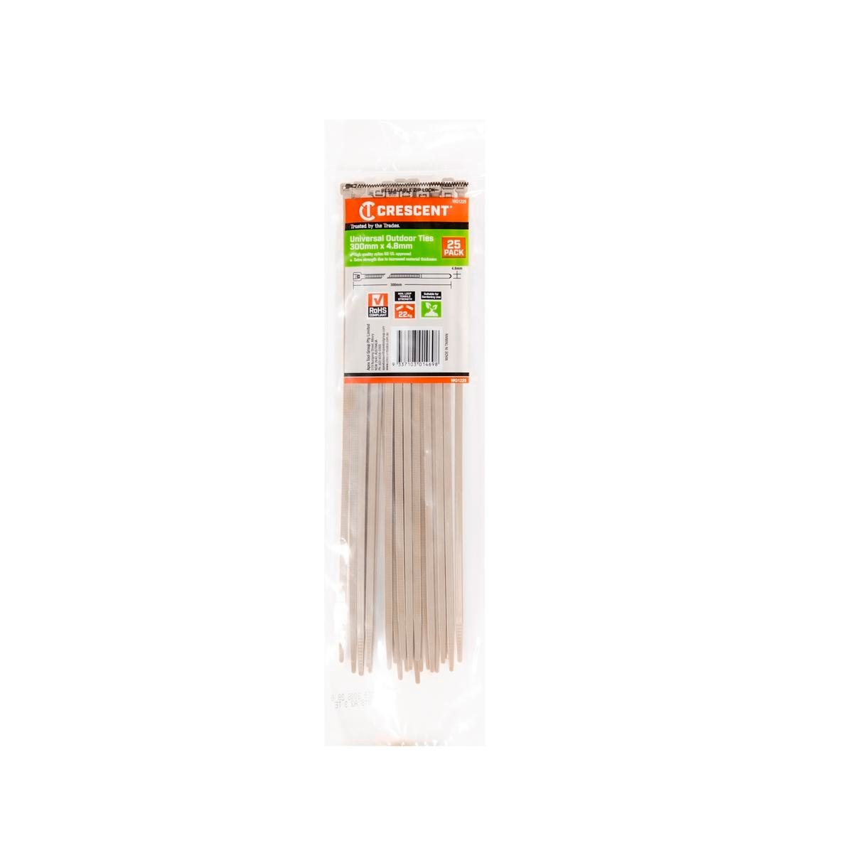 Crescent 300 x 4.8mm Beige Nylon Outdoor Universal Cable Ties 25 Pack Releasable