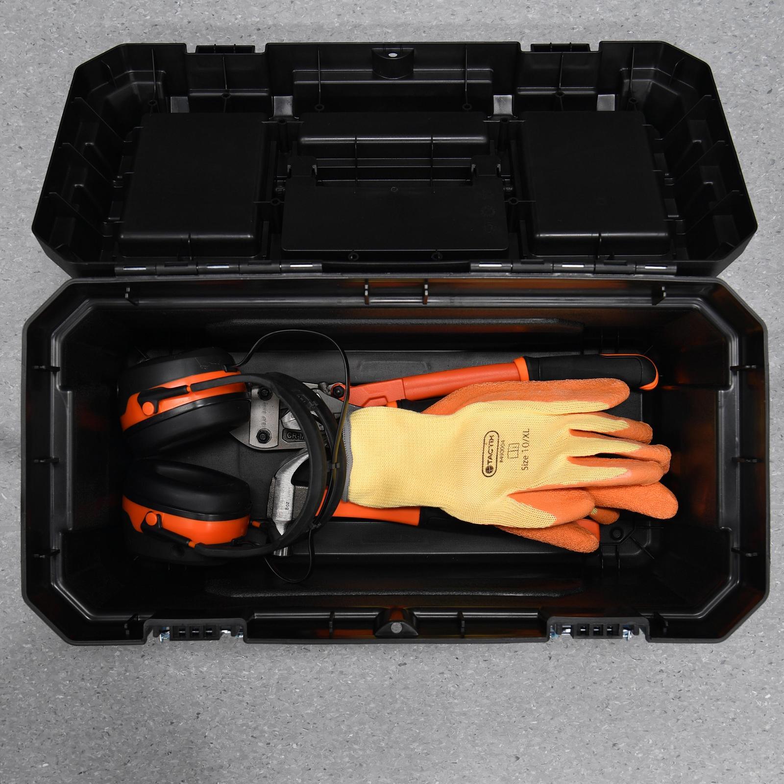 Tactix 507mm Polypropylene Tool Box, Lift-Out Tray, Clear-Lid Compartments, Black and Orange