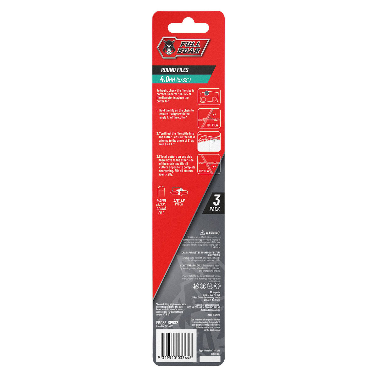 Full Boar 4.0mm (5/32") Round Tapered Chainsaw File 245mm - 3 Pack