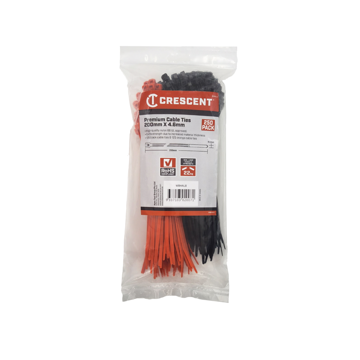 Crescent 200 x 4.6mm Black and Orange Halloween Nylon Cable Ties - 250 Pack
