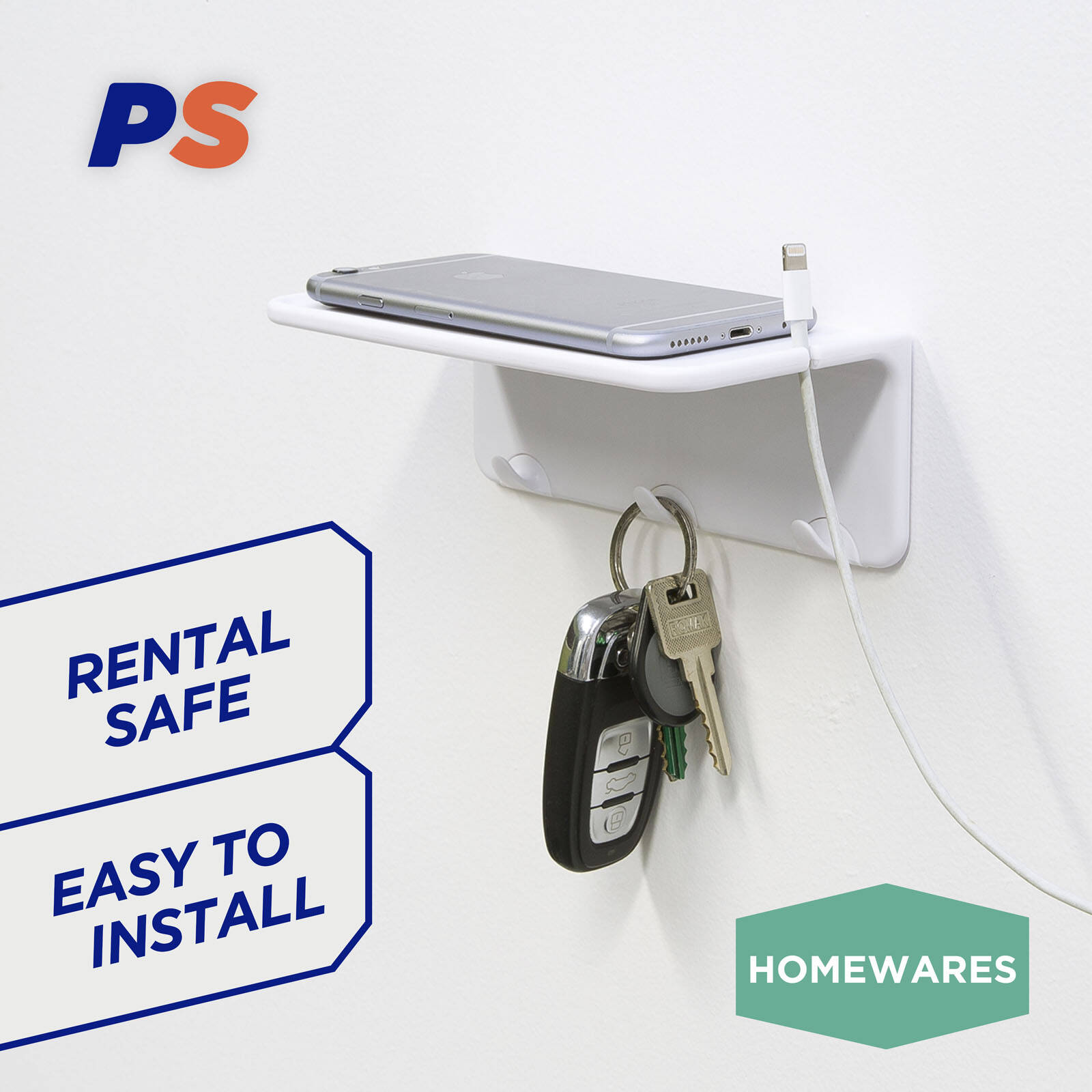 Permastik Removable Utility Shelf - White Self Adhesive Plastic Shelf with Hooks