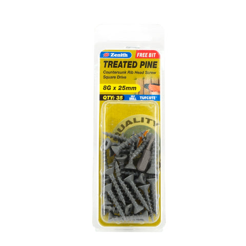Zenith 8G x 25mm Tufcote Countersunk Rib Head Treated Pine Screws 35 Pack