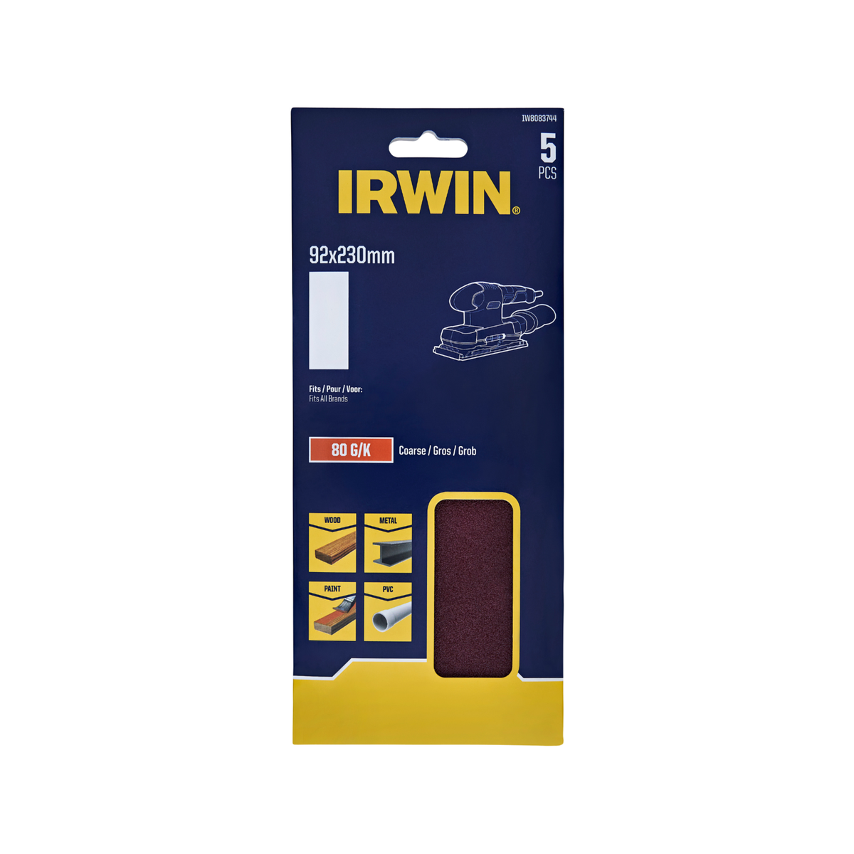 IRWIN 92 x 230mm 80 Grit 1/3 Un-Punched Sanding Sheets - 5 Pack