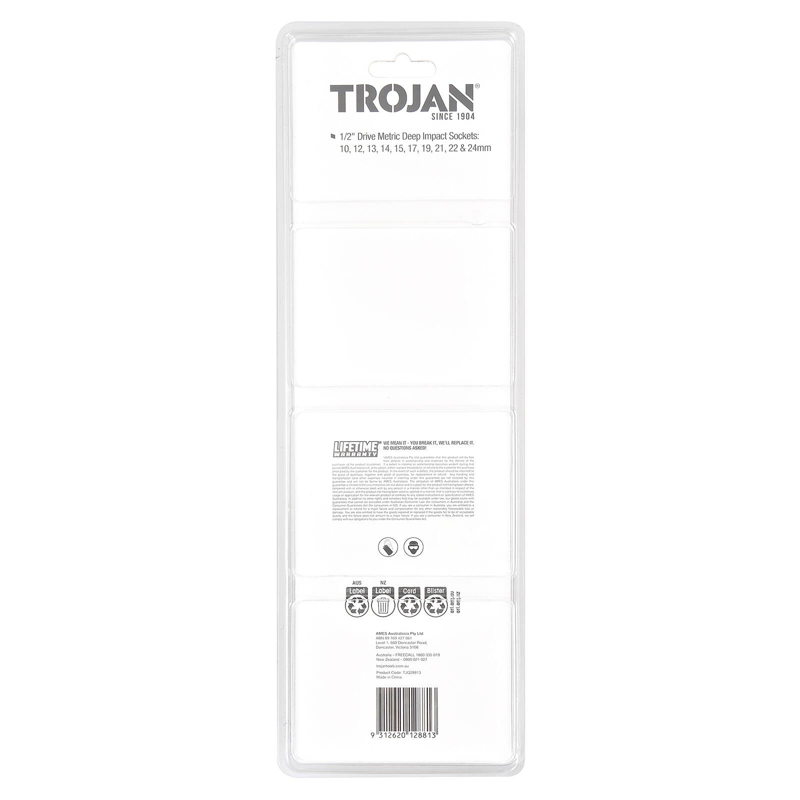 Trojan 10 Piece Deep Impact Socket Rail Set 1/2" Drive 10-24mm 6 Point