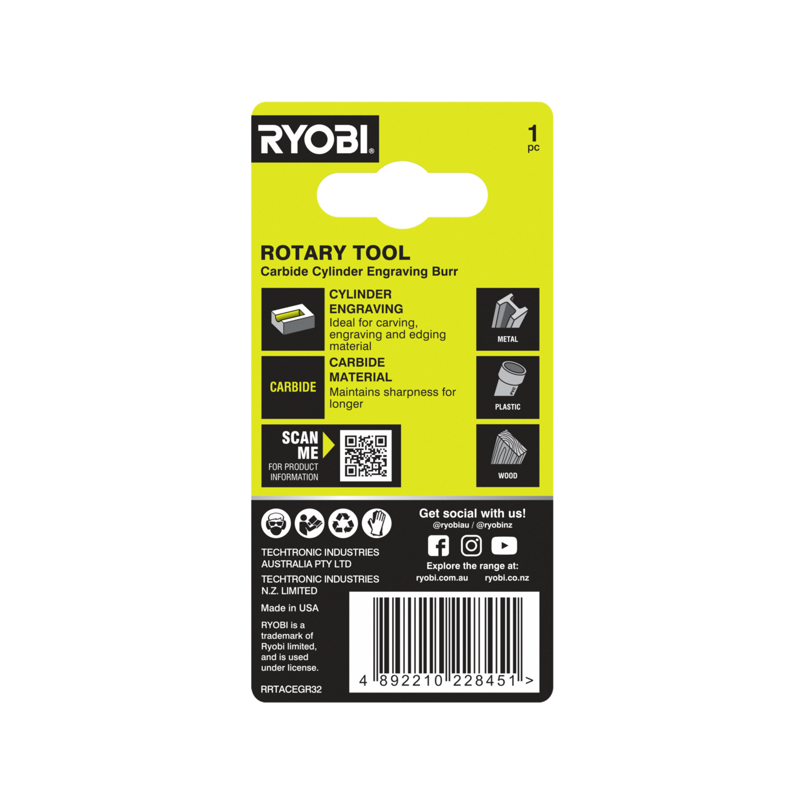 Ryobi 3.2mm Carbide Grooved Cylinder Engraving Burr for Rotary Tools