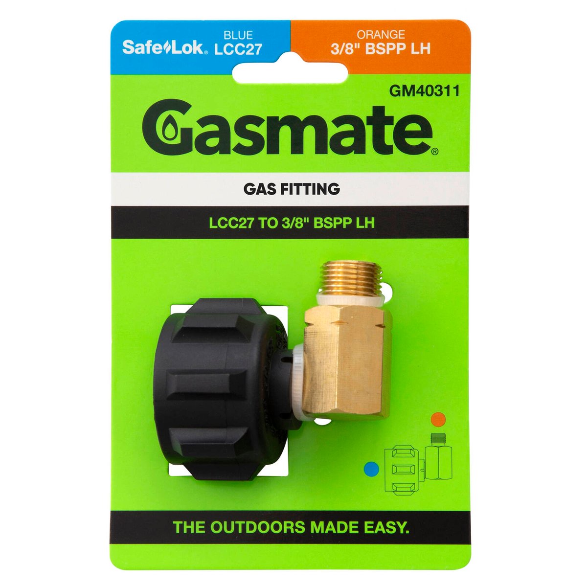 Gasmate Adaptor 3/8" BSPP LH to LCC27 Brass 90-Degree Gas Fitting