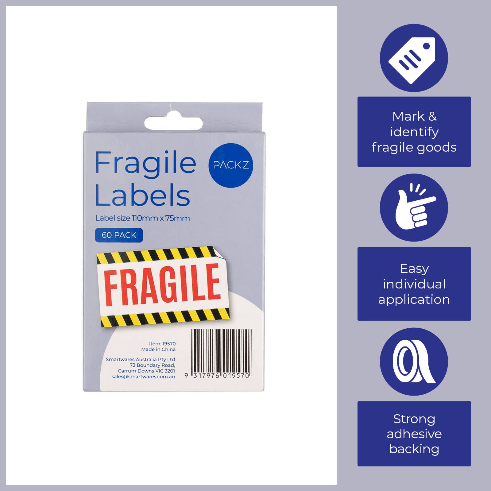 Packz 110 x 75mm Self Adhesive Fragile Labels - 60 Pack