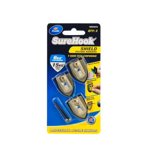 Zenith SureHook 6/15kg Brass Plated Shield Picture Hanger 3 Pack - Plasterboard & Timber Stud