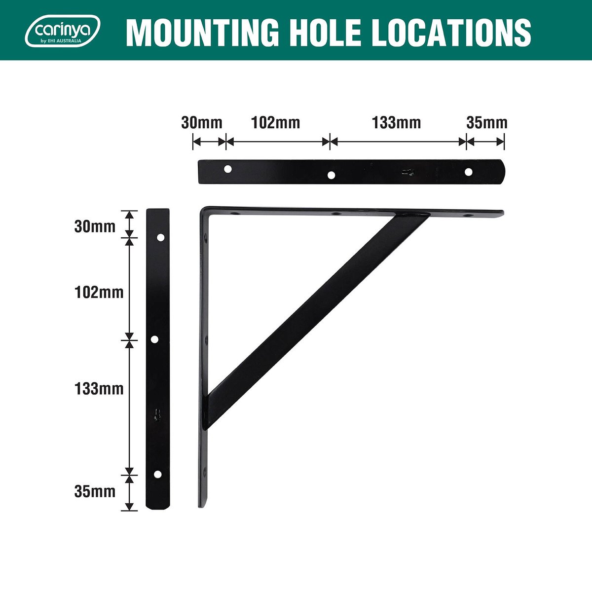 Carinya 300 x 300mm Black Heavy Duty Straight Stayed Bracket, Powder Coated Steel, 125kg