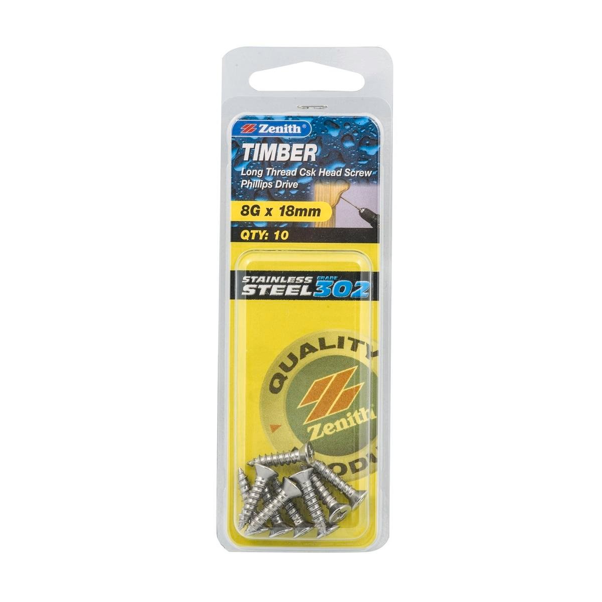 Zenith 8G x 18mm 302 Stainless Steel Countersunk Timber Screws - Long Thread, Phillips, 10 Pack
