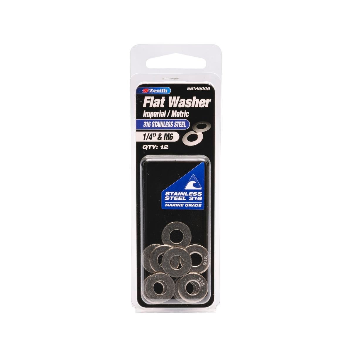 Zenith 1/4" and M6 316 Stainless Steel Round Flat Washer - 12 Pack