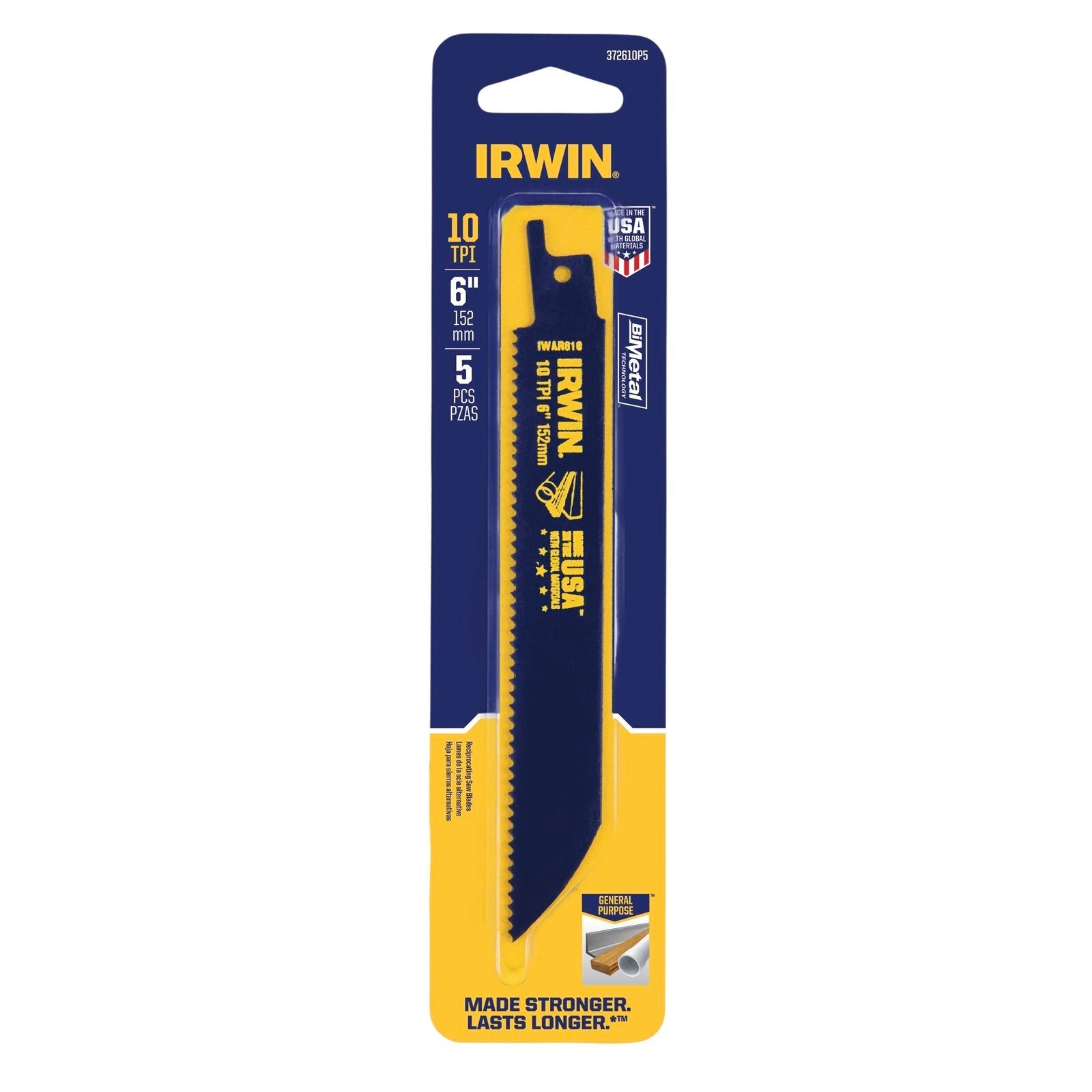 Irwin 6in 10TPI Bi-Metal General Purpose Reciprocating Saw Blade - 5 Pack