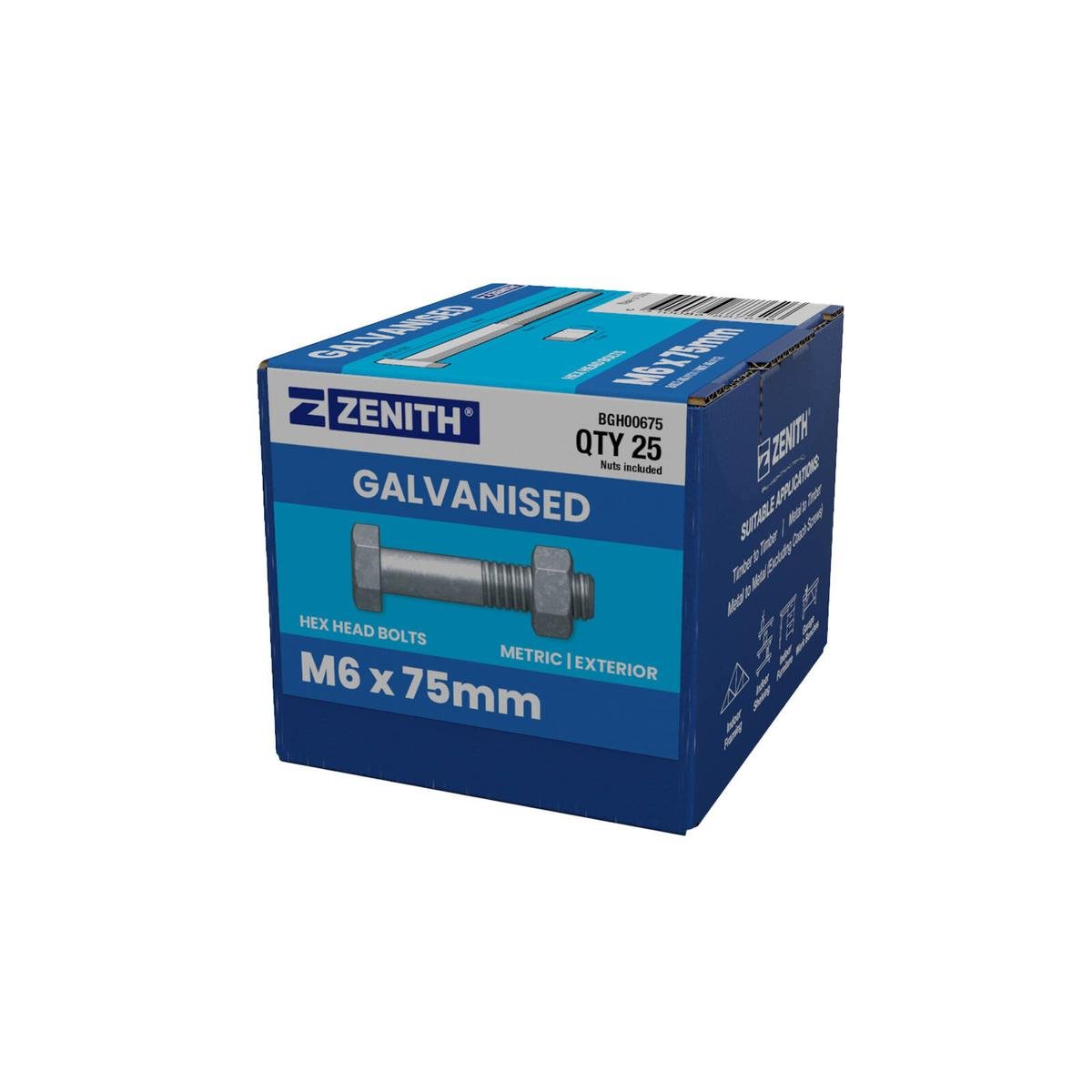 Zenith Hot Dip Galvanised Hex Head Bolts M6 x 75mm 25 Pack Durable - SuperSaverAU - view 1