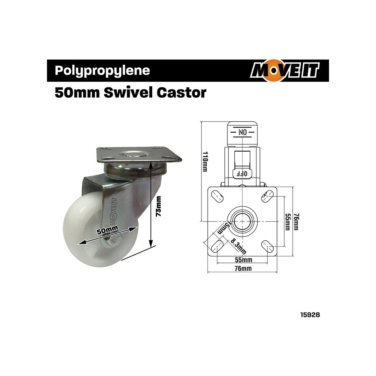 Move It 50mm White Polypropylene Swivel Plate Castor 40kg