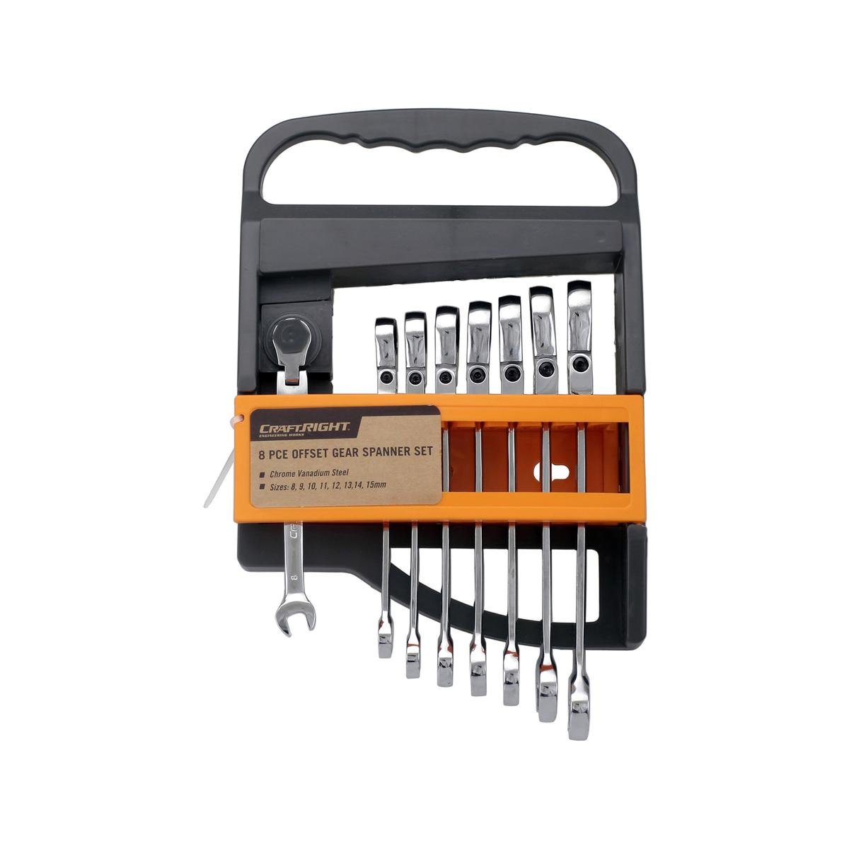 Craftright 8 Piece Offset Metric Gear Spanner Set, 40CR Steel, Ratcheting Flexible Head, with Case