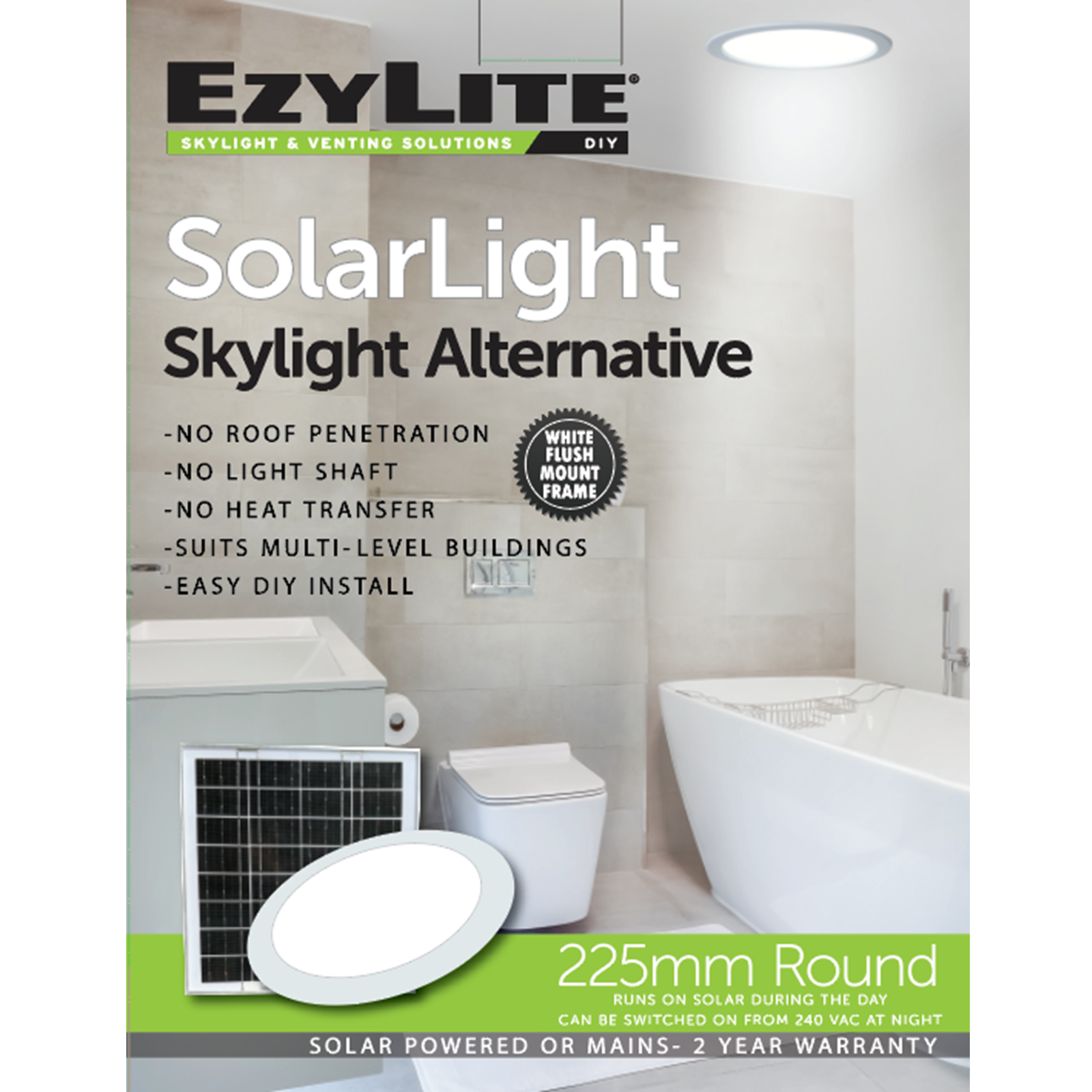 EzyLite 225mm Round Hybrid Solar Skylight Alternative EZSL225RH-Gen4 - Aluminium, DIY Flush Mount